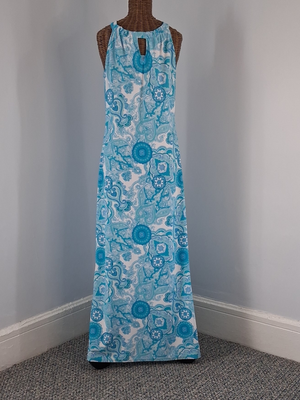 Jude Connally Turquoise & White Paisley Halter Maxi Dress